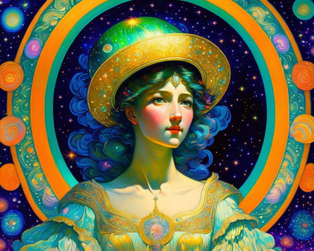 Colorful Digital Artwork of Woman with Cosmic Hat & Celestial Elements