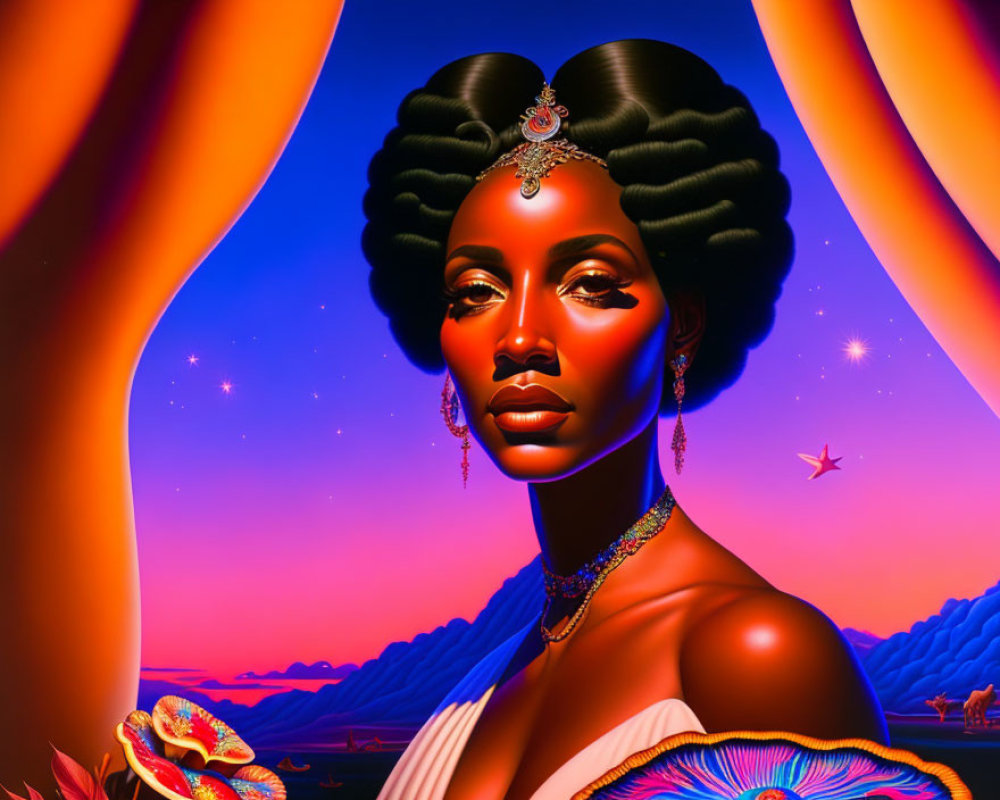 Digital portrait of woman with afro and jewelry in surreal sunset landscape
