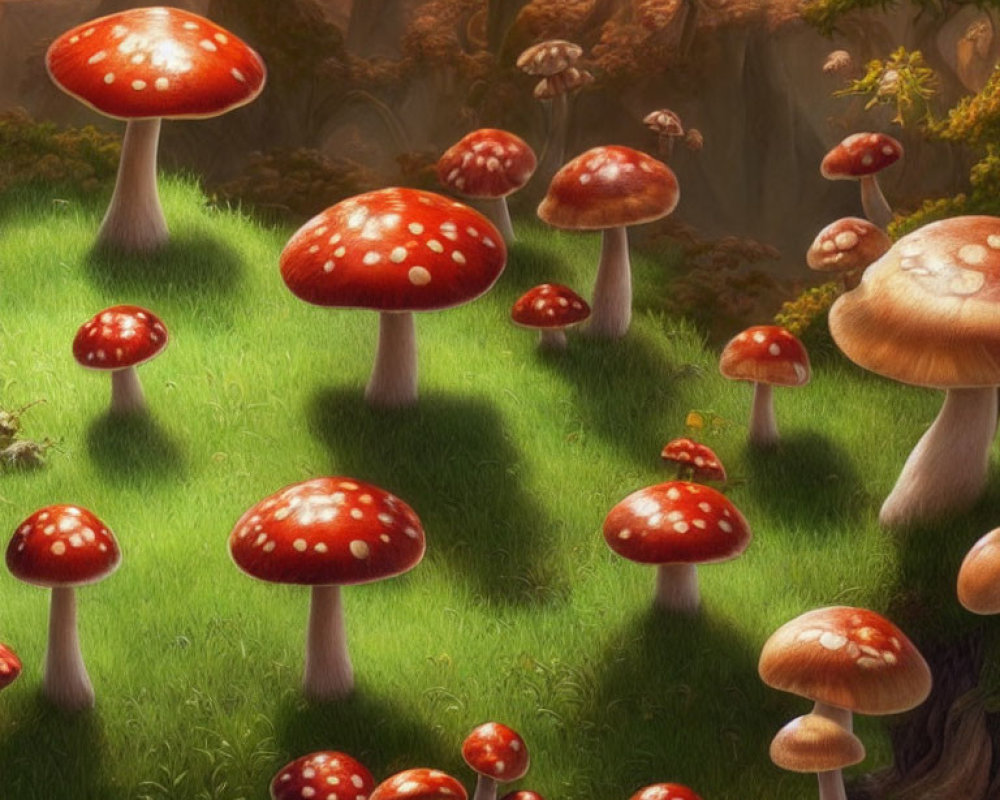 Whimsical forest scene with vibrant red-capped mushrooms