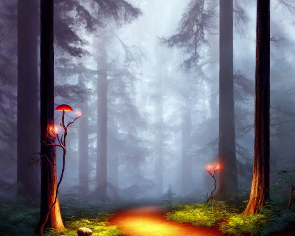 Ethereal forest path with glowing mushrooms in foggy landscape
