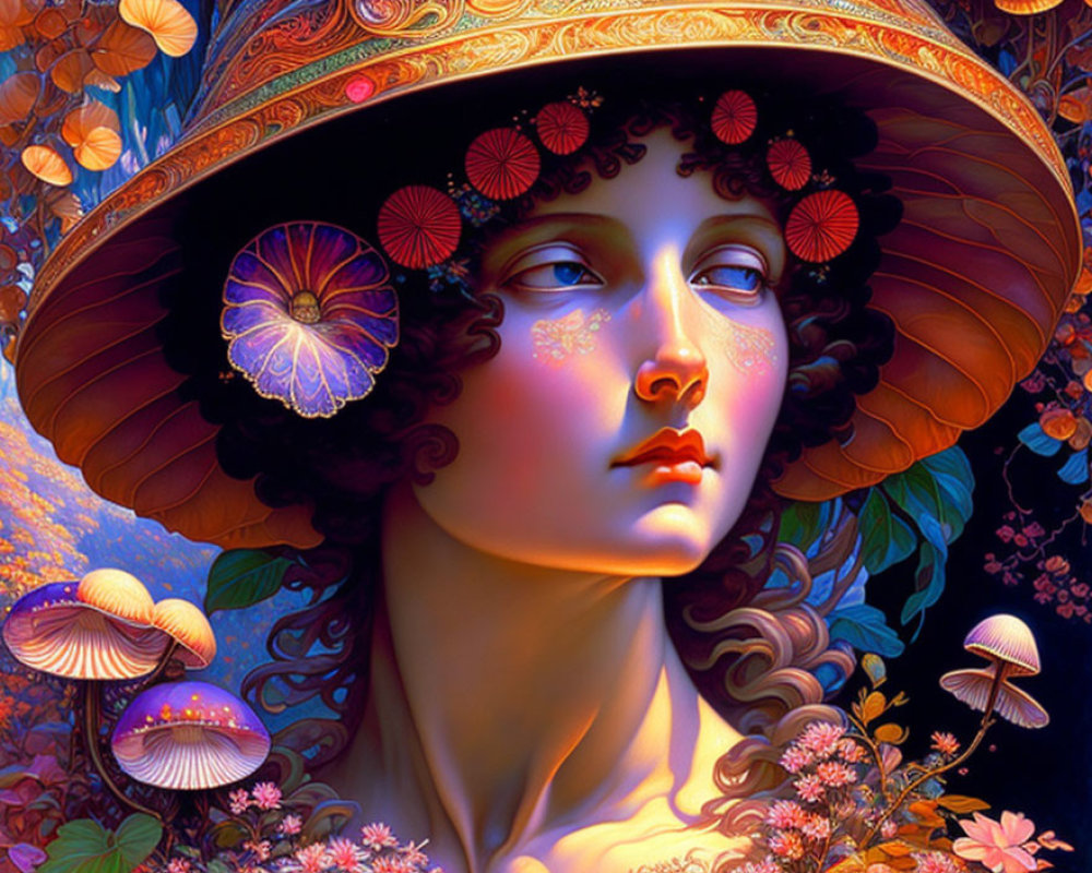Colorful Portrait of Woman with Wide-Brimmed Hat and Mushrooms