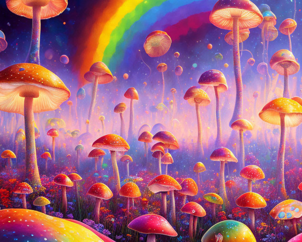 Colorful Fantasy Landscape with Oversized Mushrooms, Rainbow, and Jellyfish-like Creatures