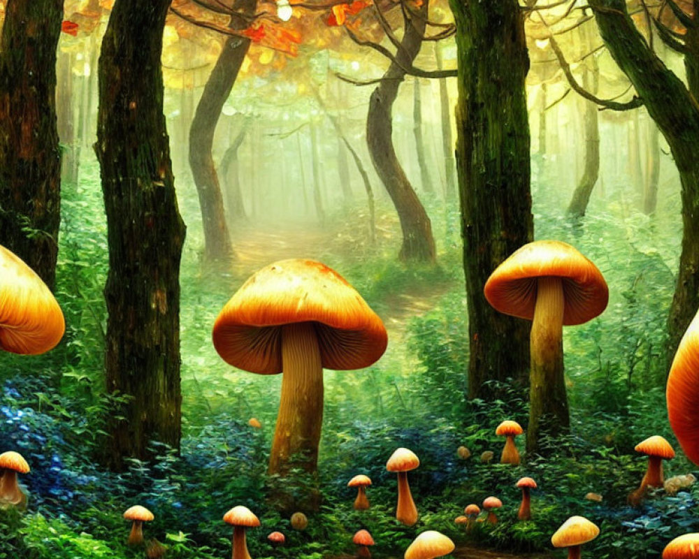 Enchanted Forest with Oversized Mushrooms and Sunlight Glow