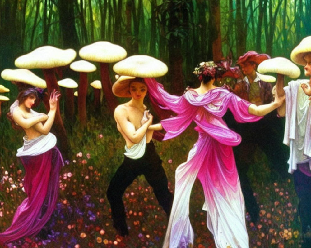 Colorful painting of people with mushroom caps dancing in a whimsical forest