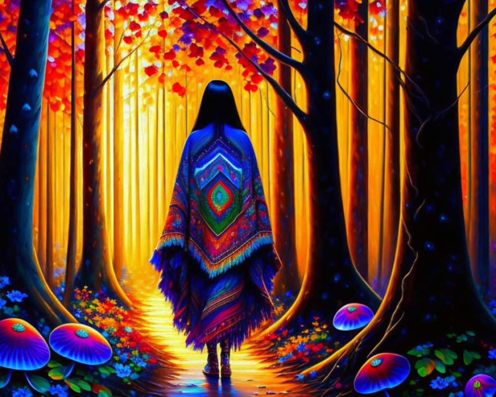Colorful Patterned Shawl Wearer in Mystical Forest with Glowing Trees