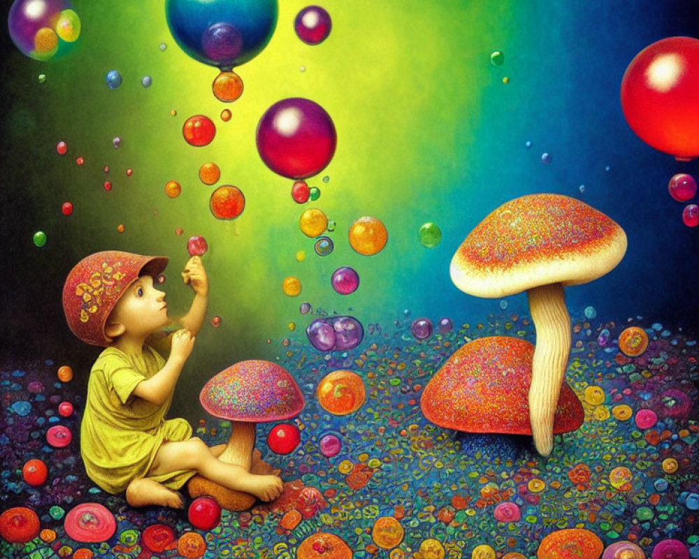 Child surrounded by colorful mushrooms and bubbles on vibrant background