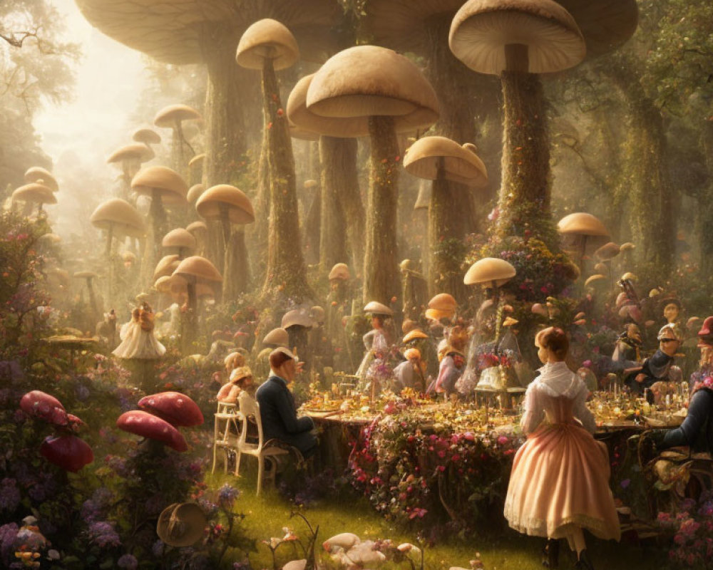 Victorian-era people having outdoor feast under towering mushrooms in sunlit forest.