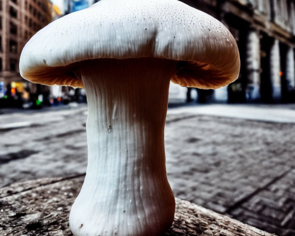 White Mushroom with Wide Cap on Wooden Surface with Urban Street Background