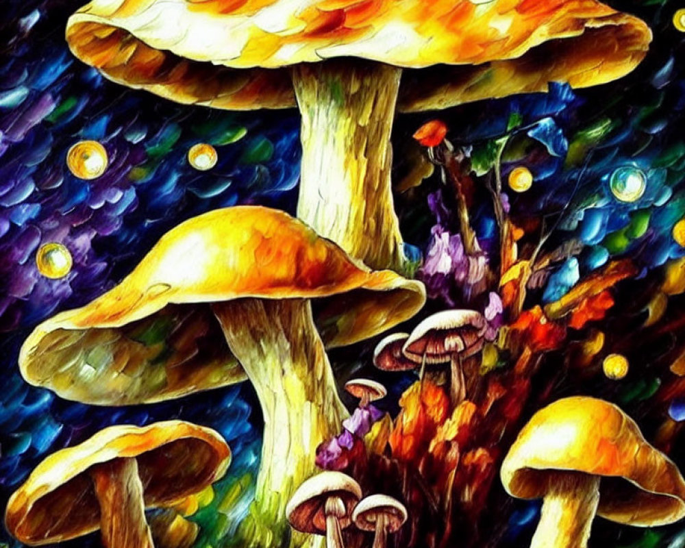 Colorful Mushroom Painting with Fantasy Background and Glowing Orbs