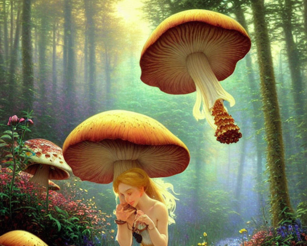 Illustration of fairy-sized girl under giant mushroom in enchanted forest