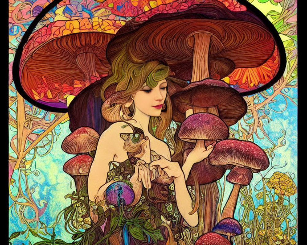Woman surrounded by vibrant mushrooms and colorful flora in artistic rendering