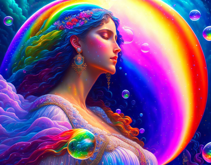 Colorful Woman with Floral Headband in Cosmic Setting and Floating Bubbles