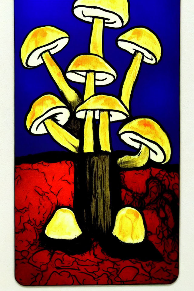 Stylized yellow mushrooms on blue background with red and black pattern