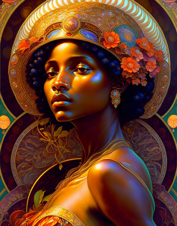 Stylized woman portrait with golden headdress and floral patterns