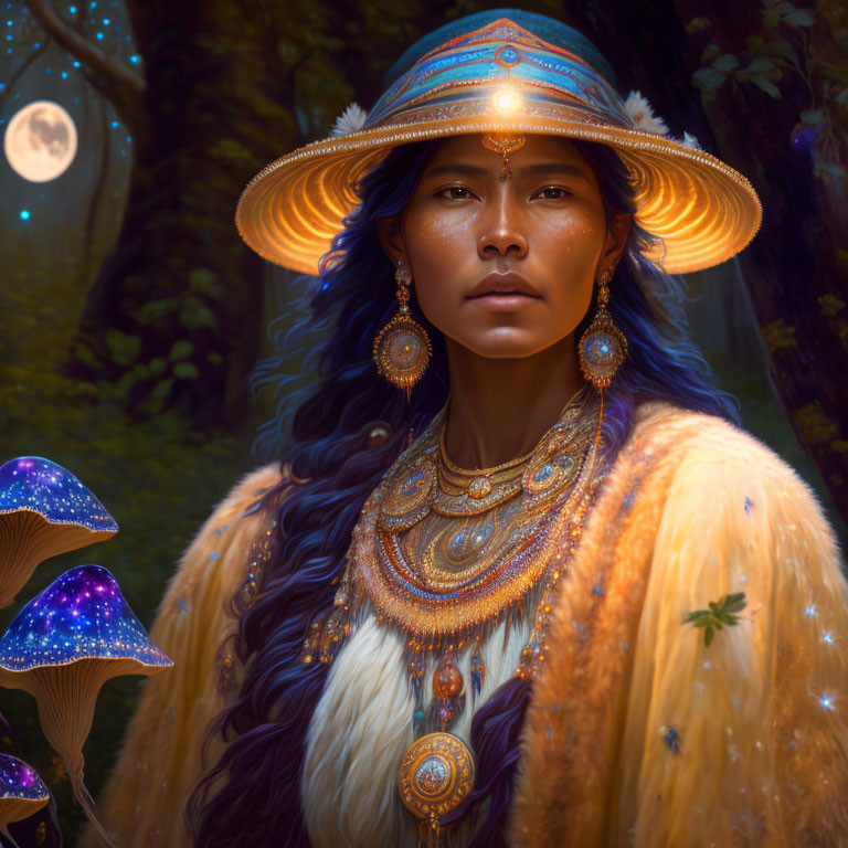 Digital artwork featuring woman with blue hair in ornamental attire in mystical forest with glowing mushrooms.
