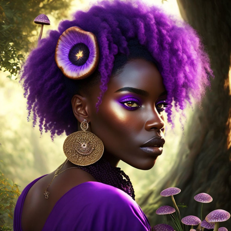 Digital artwork: Woman with purple afro hair, large eye, golden earrings in mystical forest.