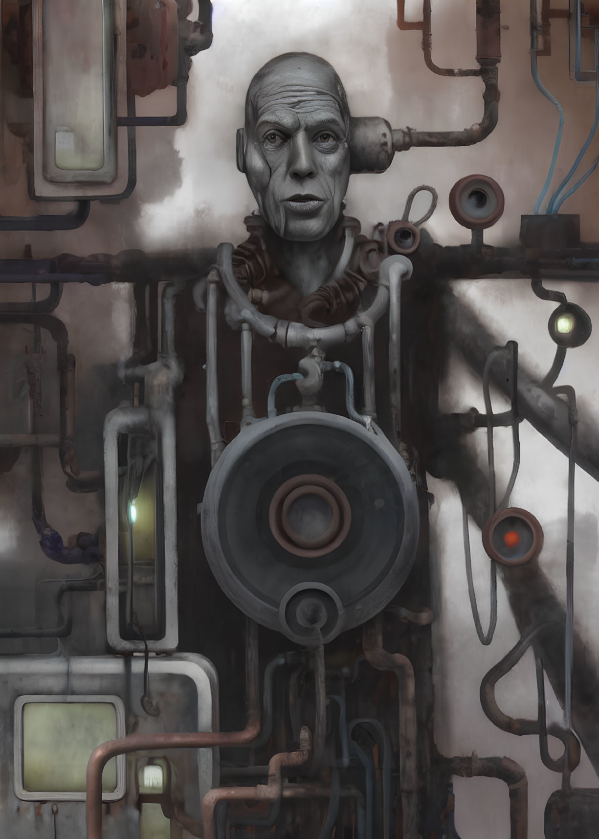 Elderly cyborg with weathered skin and industrial machinery integration