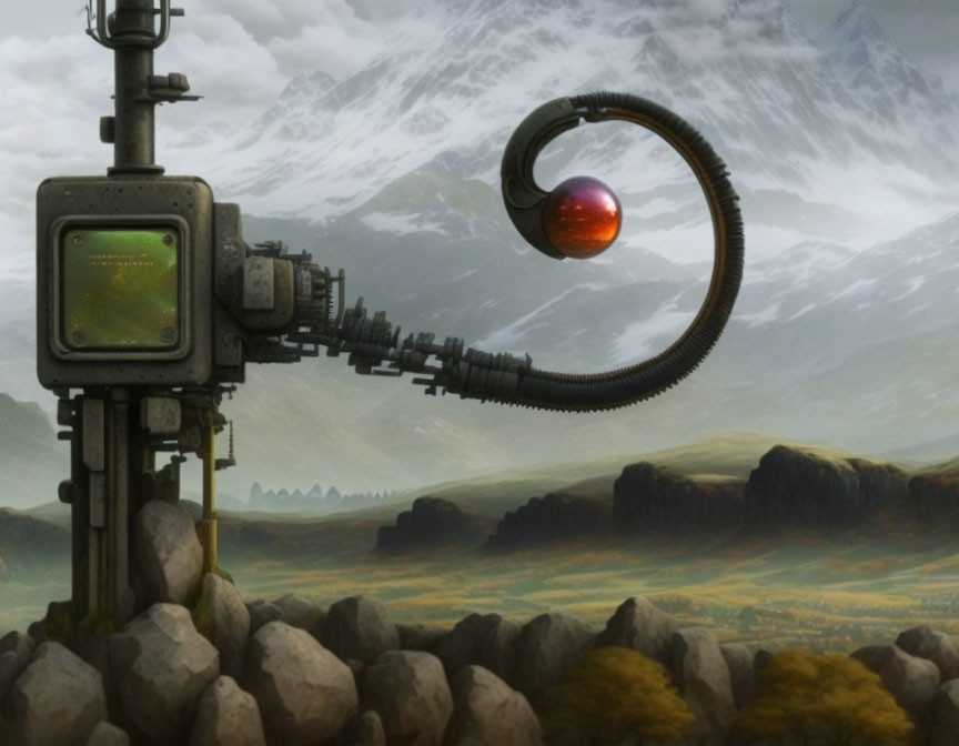Futuristic structure with monitor and red sphere against mountain backdrop