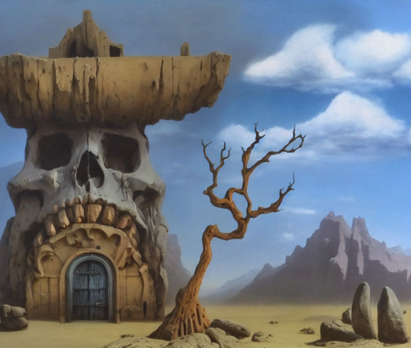 Surreal desert landscape with skull-shaped structure, twisted tree, and cloudy sky