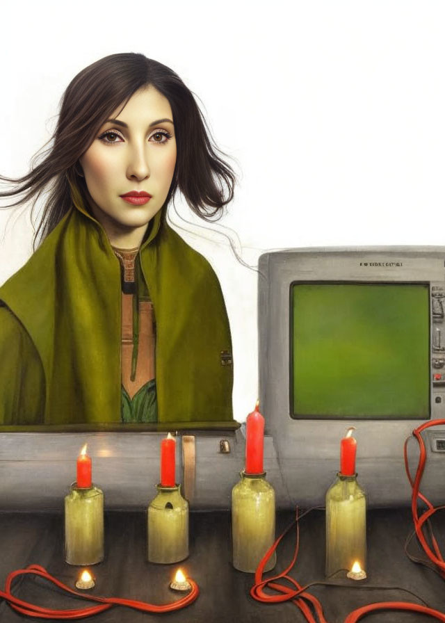 Illustrated woman in green cloak near old computer monitor and candles