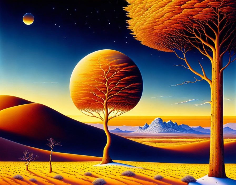 Surreal landscape with spherical trees, sand dunes, mountain range, and starry sky