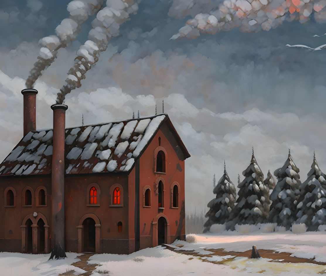 Snowy Scene with Red Brick Building and Pine Trees in Cloudy Sky