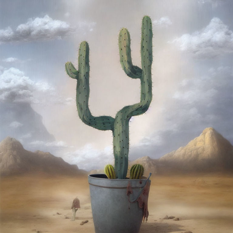 Large cactus in pot against desert backdrop with overcast skies; tiny human figures for scale.