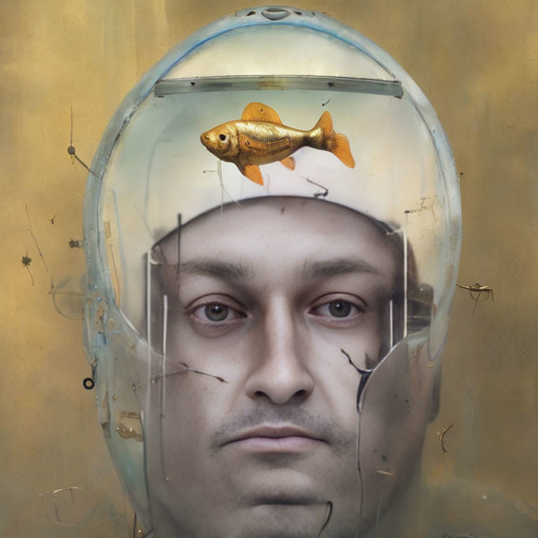 Man with astronaut helmet filled with water and goldfish swimming inside