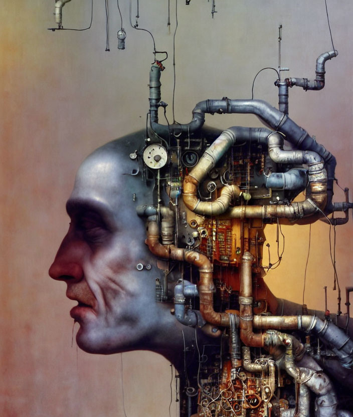 Surreal Human Profile with Mechanical and Electronic Components