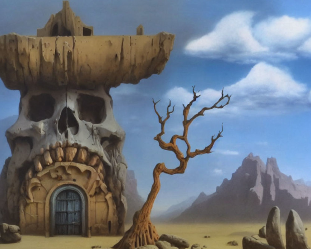 Surreal desert landscape with skull-shaped structure, twisted tree, and cloudy sky