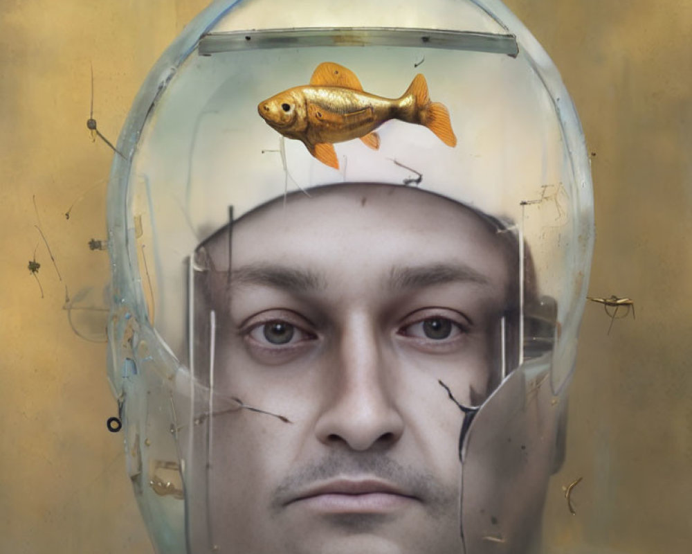 Man with astronaut helmet filled with water and goldfish swimming inside