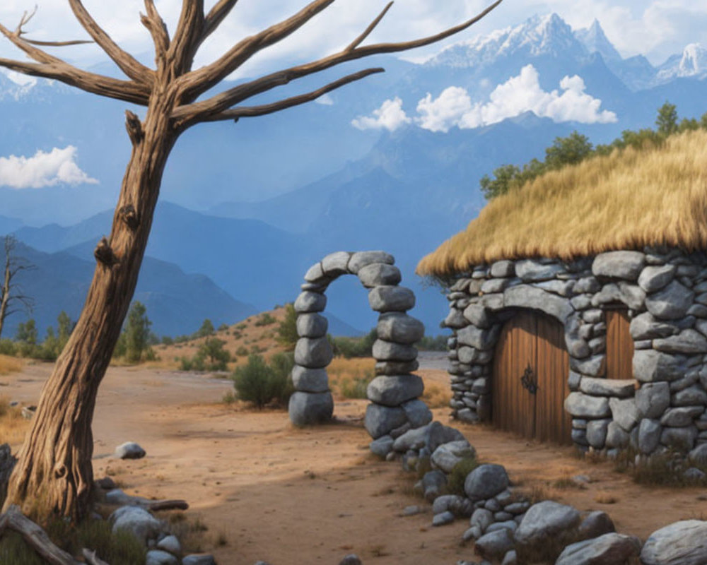 Digital painting of rustic stone house in tranquil mountain landscape