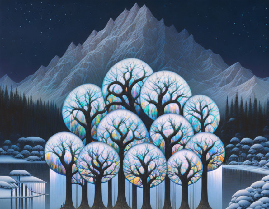 Surreal painting of glowing canopy trees with mountains and starry sky