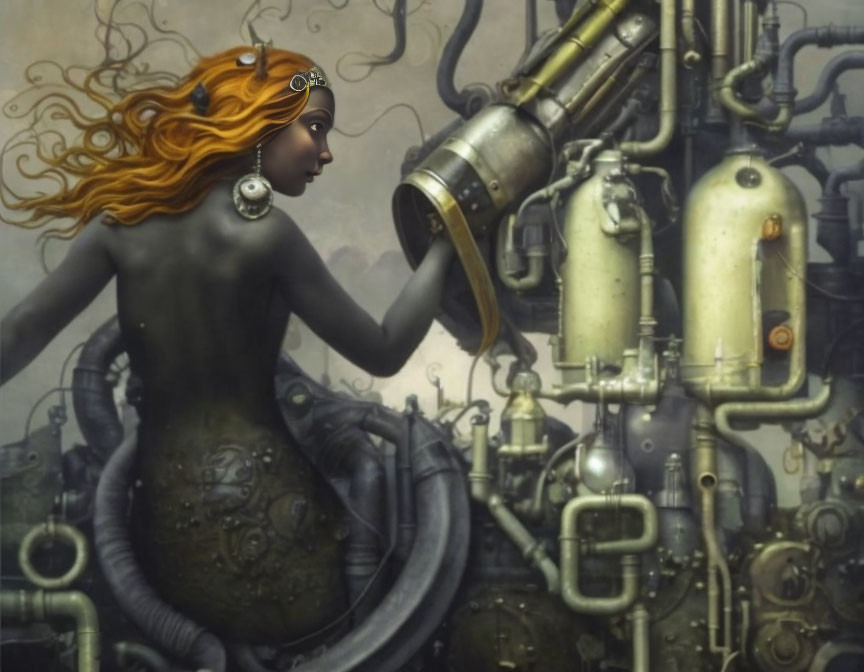 Orange-Haired Person with Goggles Observing Steampunk Telescope Amid Industrial Setting