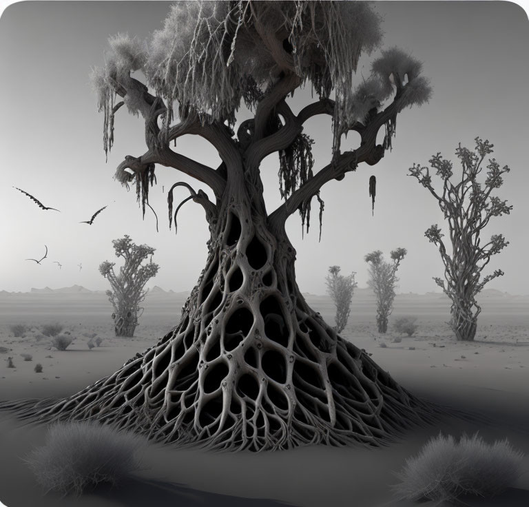Surreal black and white tree with intricate root patterns in desolate landscape