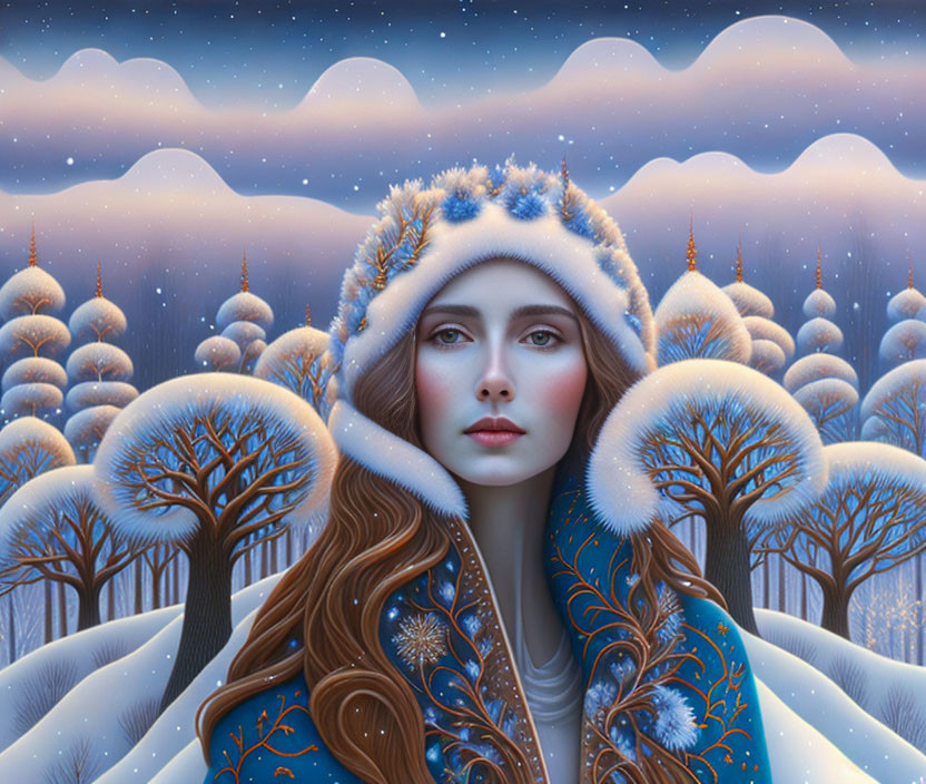 Digital artwork of woman in winter attire in snowy landscape.