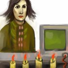 Illustrated woman in green cloak near old computer monitor and candles