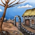 Digital painting of rustic stone house in tranquil mountain landscape