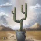 Large cactus in pot against desert backdrop with overcast skies; tiny human figures for scale.