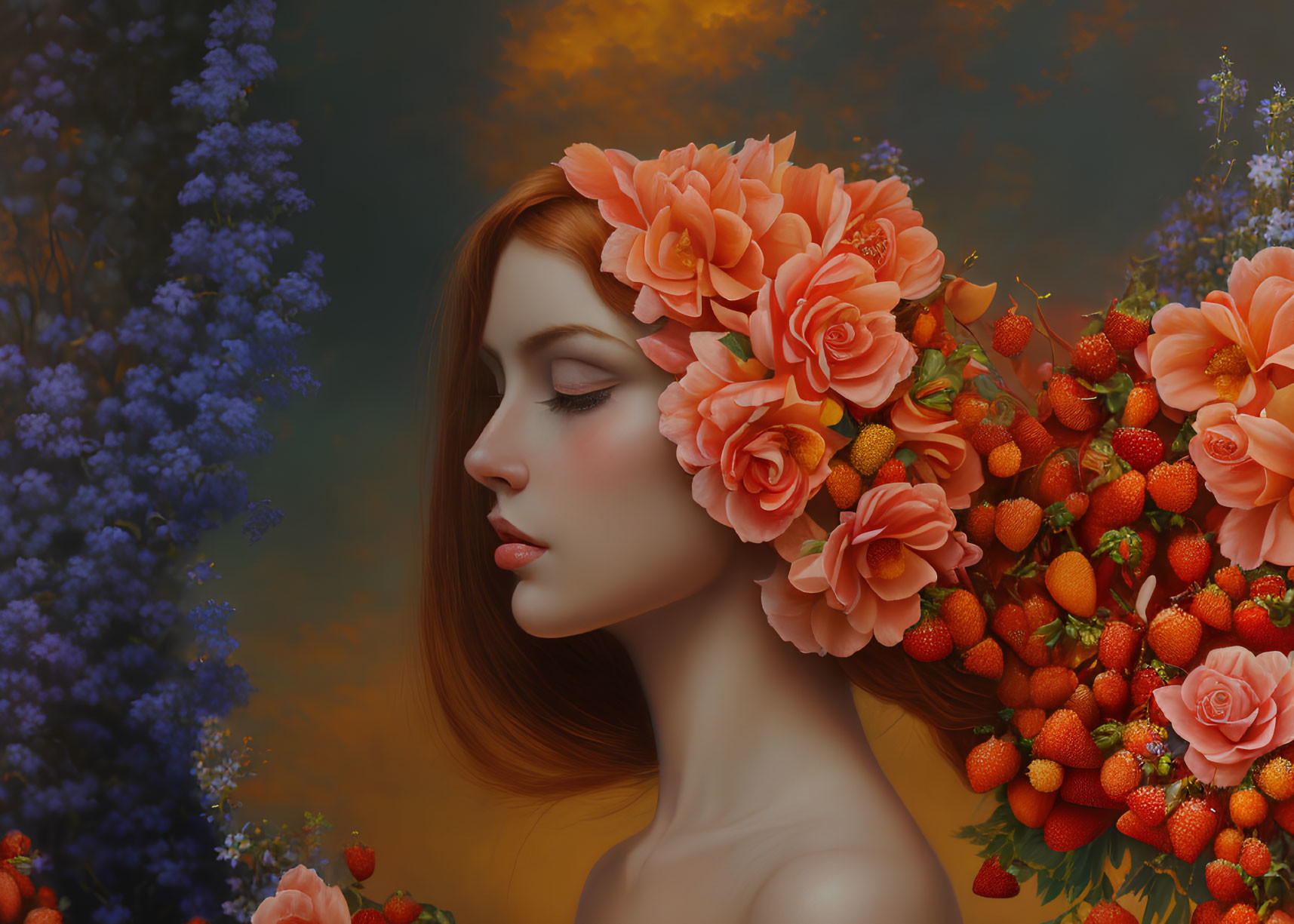 Woman with Orange Flower Wreath and Strawberries in Hair Illustration
