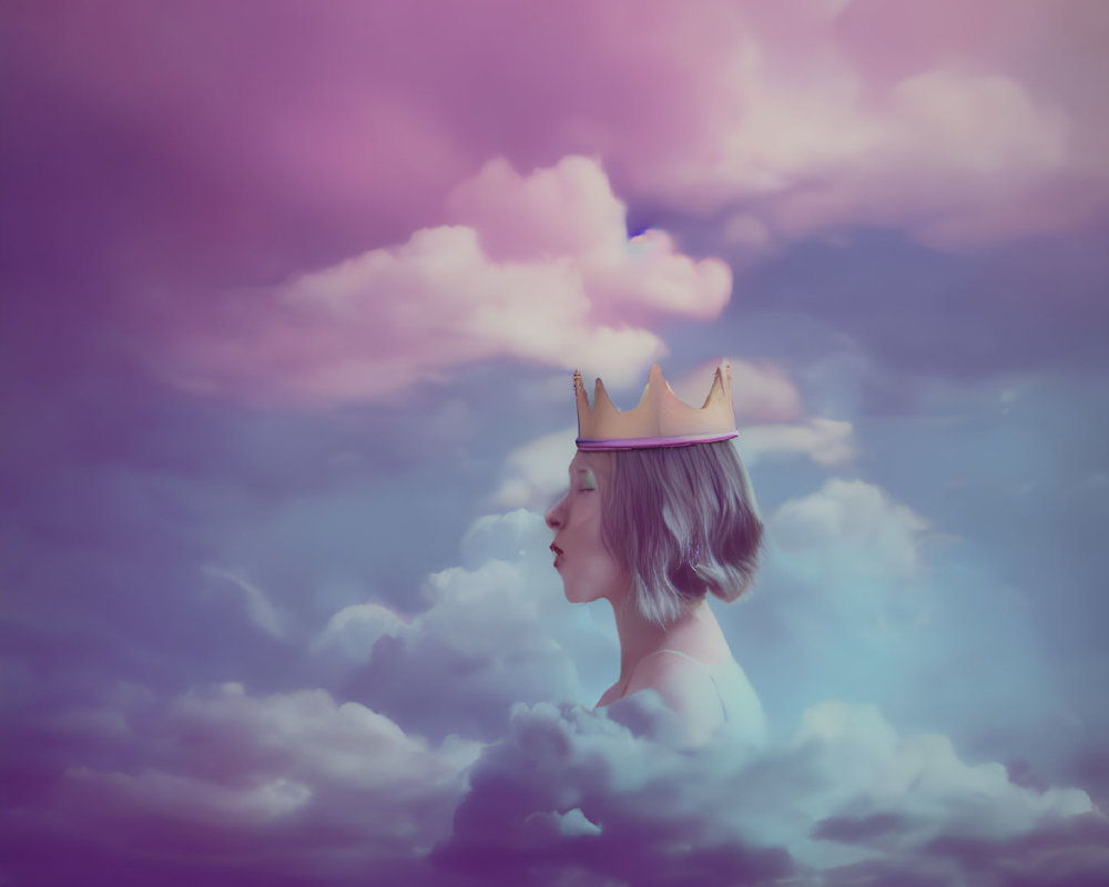 Profile of person with crown in serene sky with purple hues and fluffy clouds