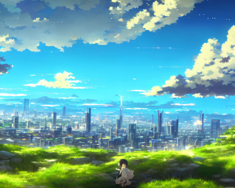 Solitary figure on grassy hill overlooking futuristic cityscape