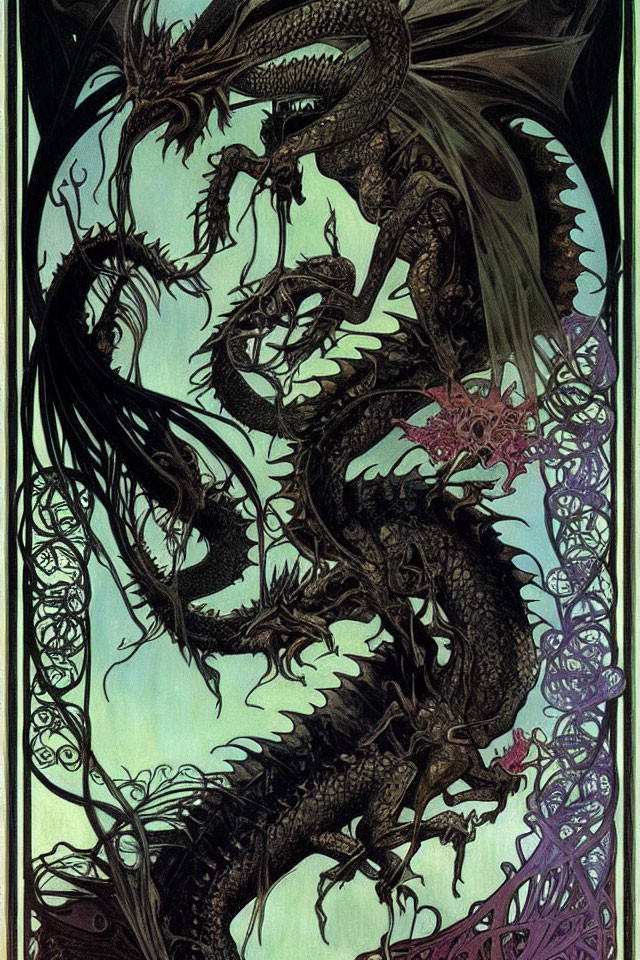 Detailed dragon illustration in Art Nouveau style with ornate borders and patterns