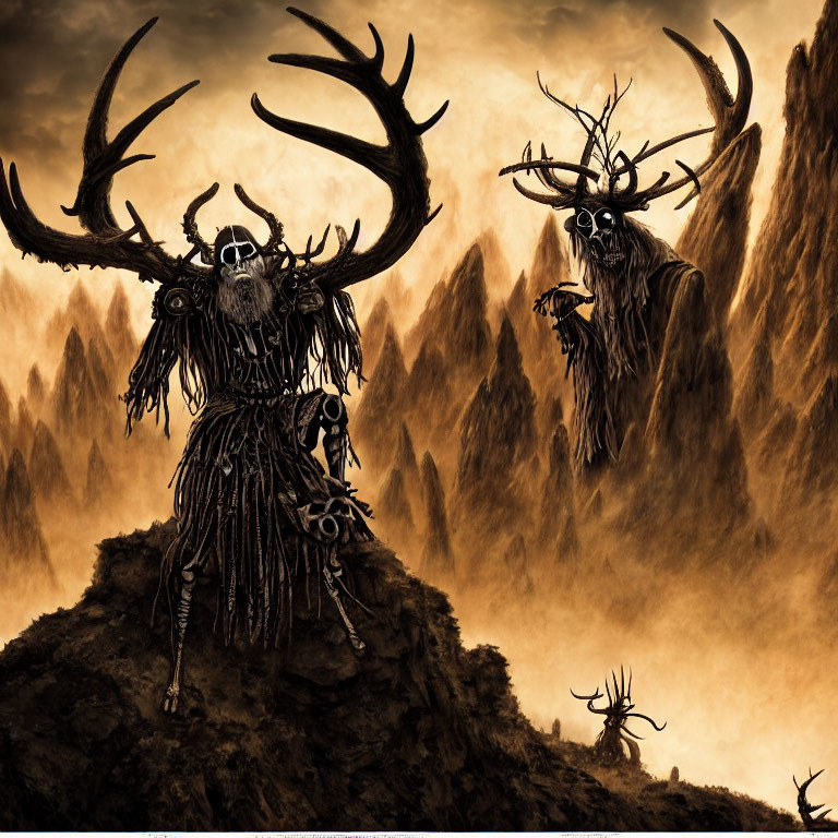 Skeleton Figures with Large Antlers in Mountainous Terrain