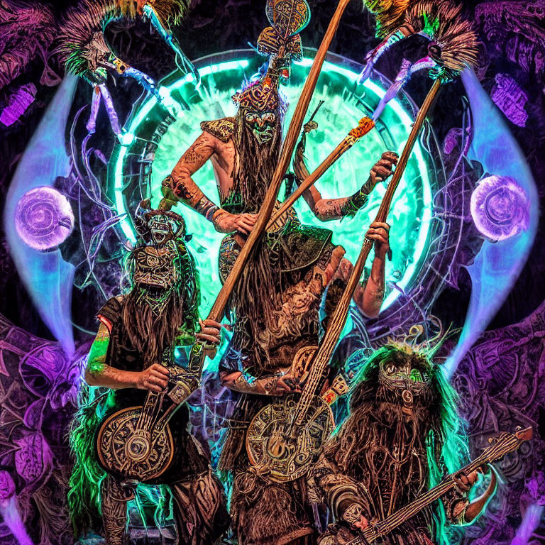 Three tribal figures in ornate costumes with masks holding staffs and string instruments against a neon green and