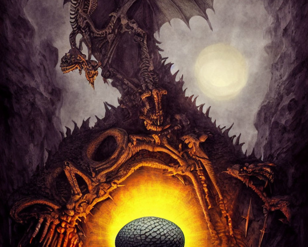 Dragon perched on colossal skull with glowing egg under moonlit sky