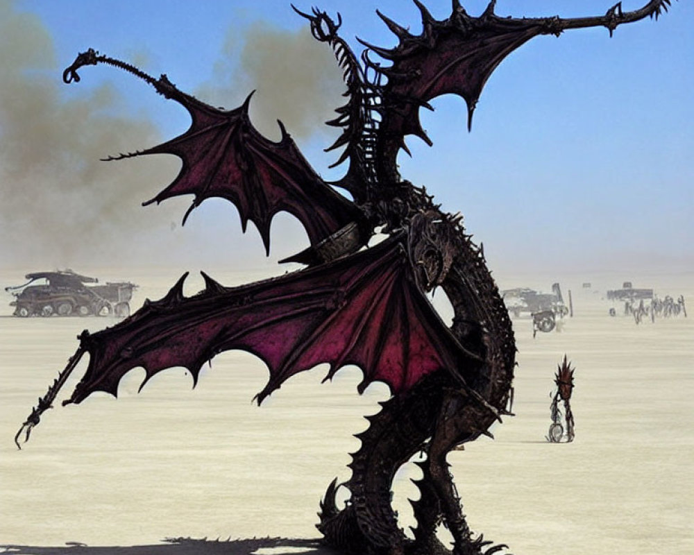 Intricate dragon sculpture with spread wings in desert landscape