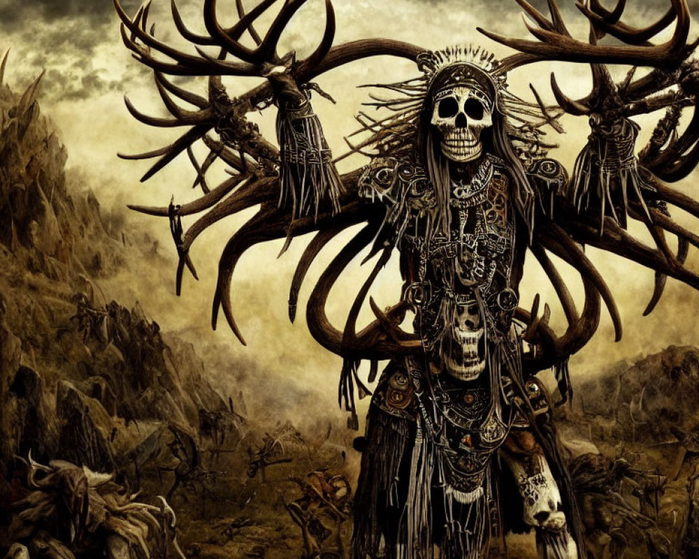 Skull-faced skeletal figure in tribal attire with antler headdress in barren landscape