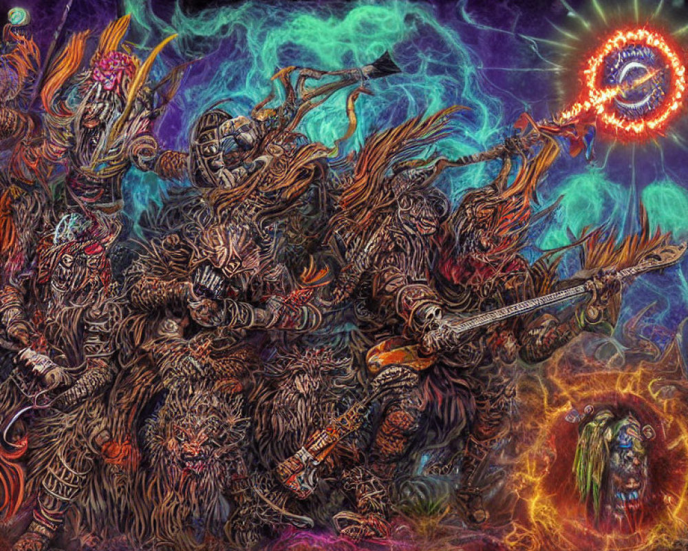 Fantasy artwork with grotesque creatures playing guitars in fiery setting