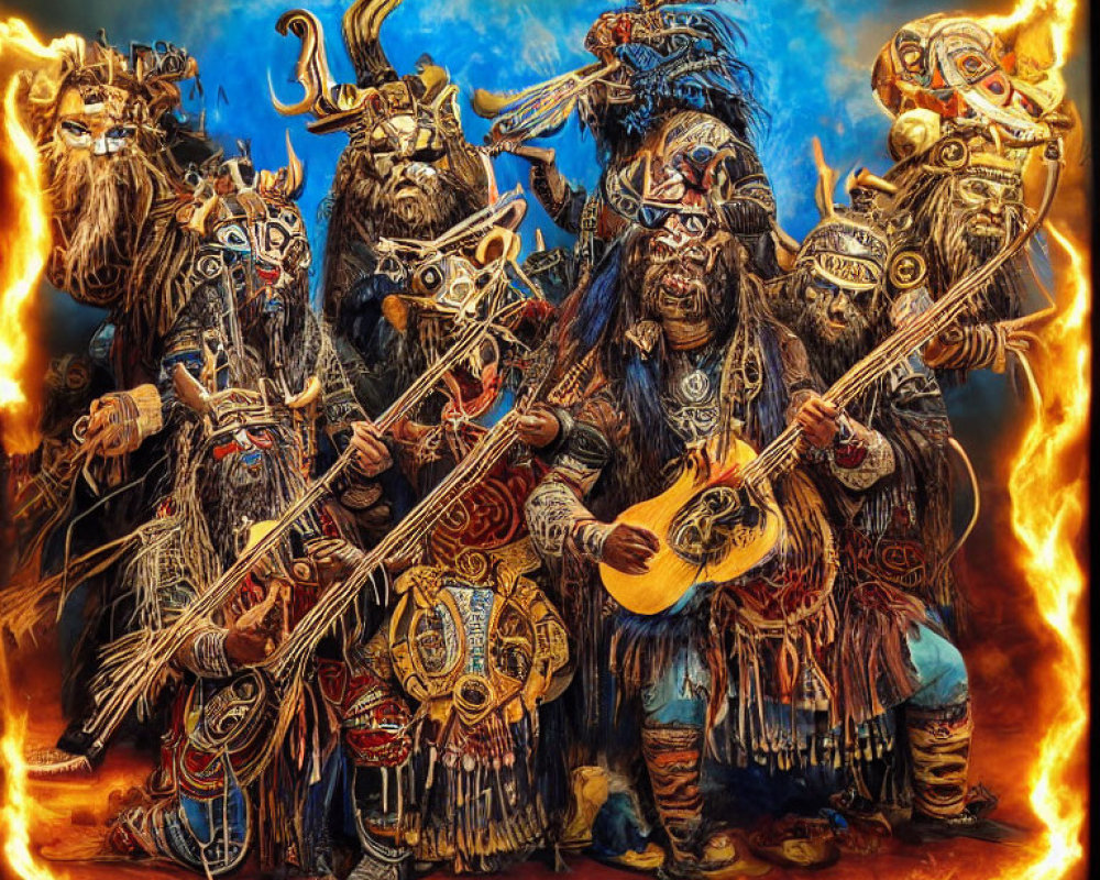 Fantasy warriors in tribal attire with weapons and guitar surrounded by fiery border